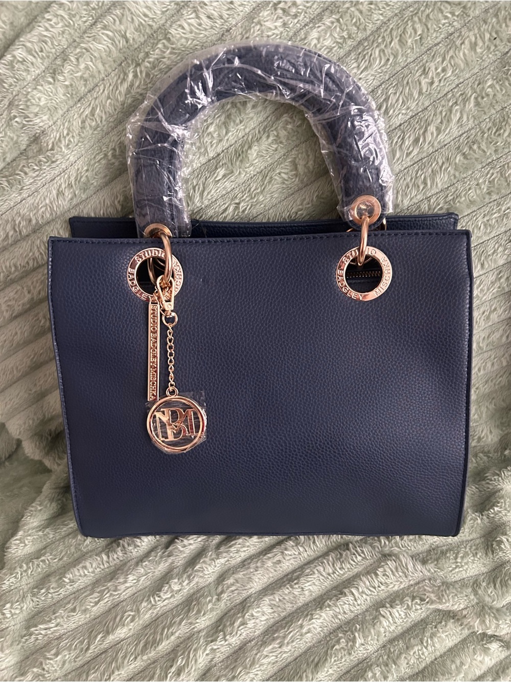 Badgley Mischka Navy Vegan Leather Satchel Shoulder Bag Gold Hardware MSRP $129
